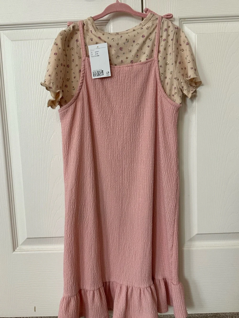 H&M - Girls' Pink Ruffle-Hem Pinafore Dress with Floral Tee